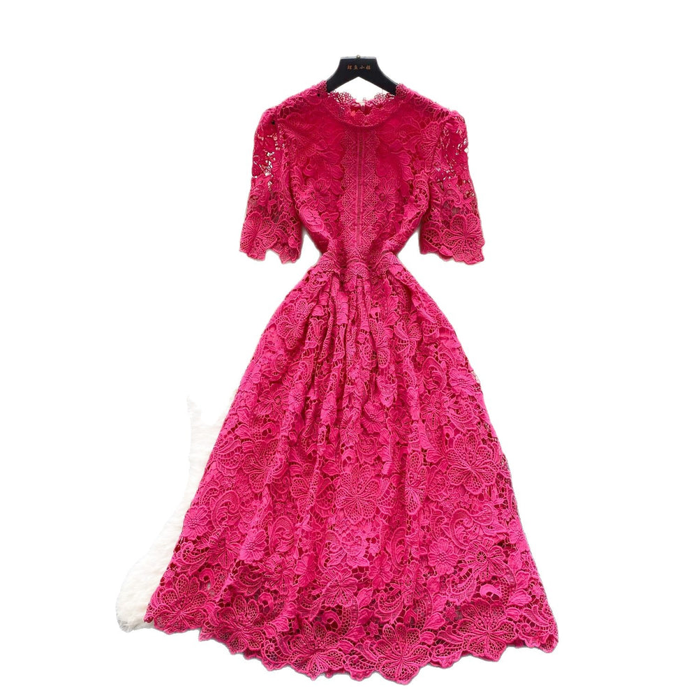 Frenchclassy sense cut out crochet lace short-sleeved dress women's summer waist slimming lookeleganta word dress