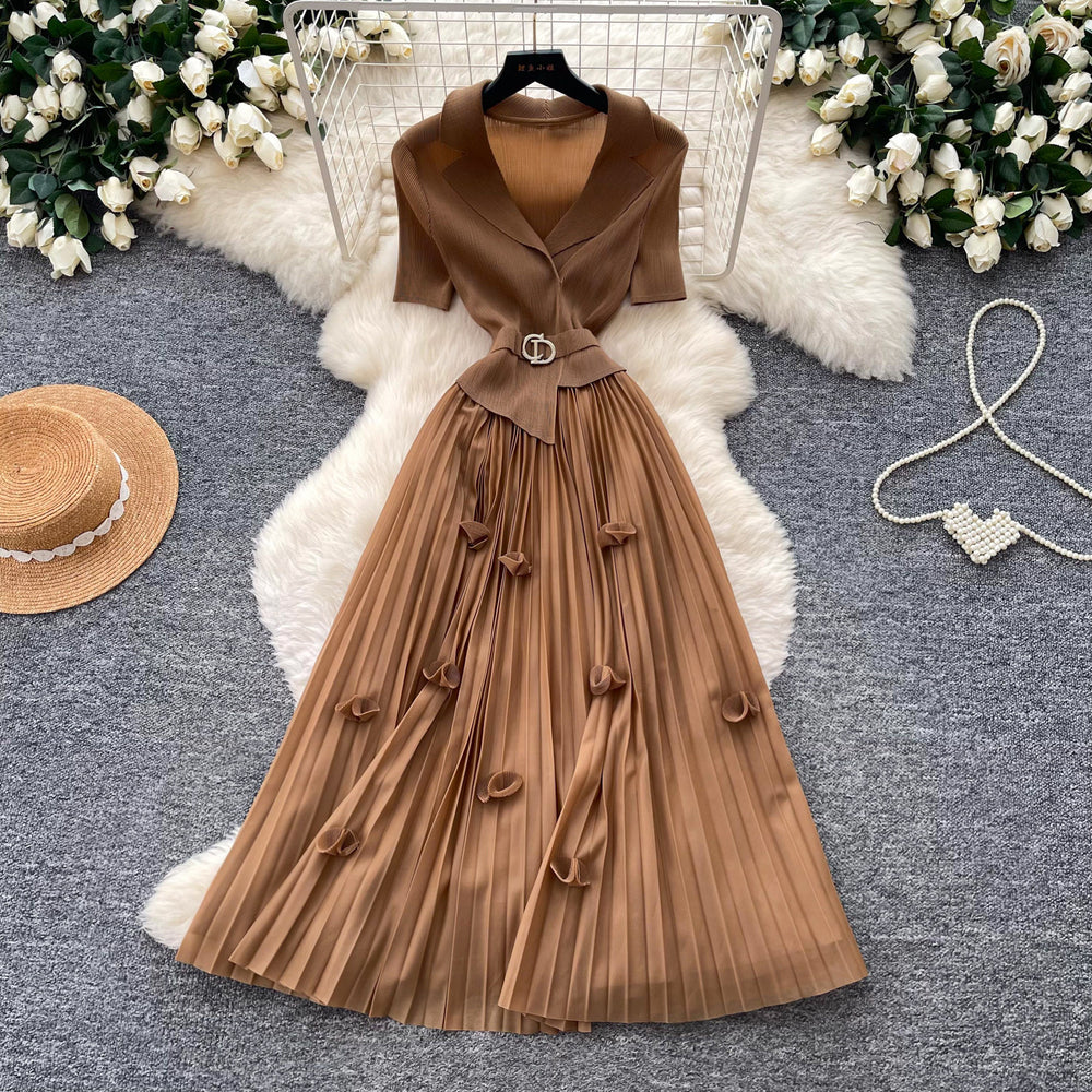 Lightly mature elegance style elastic suit collar dress female summerk-style waist slimming lookpleated long skirt work clothingelegant