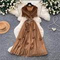 Lightly mature elegance style elastic suit collar dress female summerk-style waist slimming lookpleated long skirt work clothingelegant