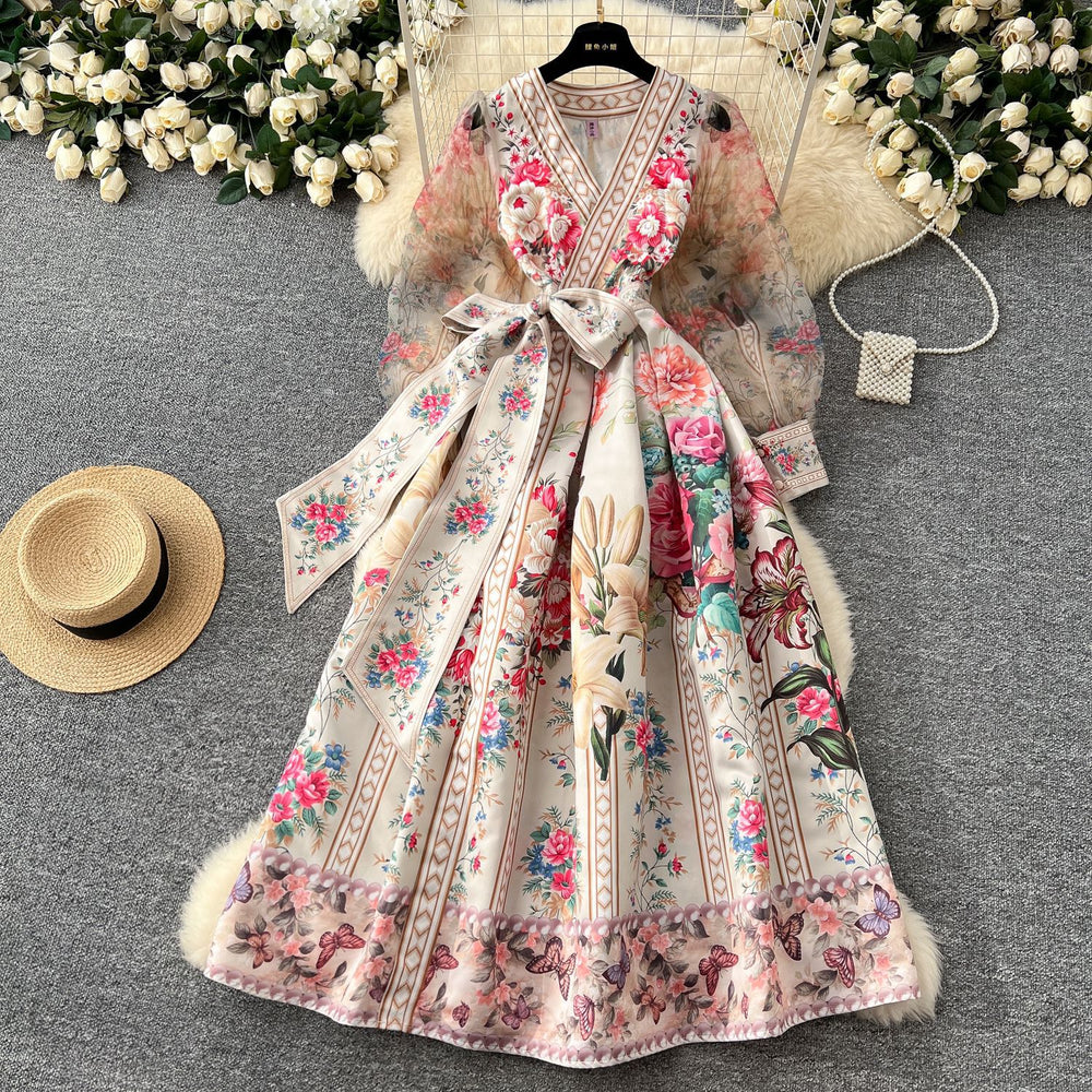 European and american court style vintage v-neck mesh lantern sleeve tie-waist design maxi printed dress