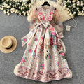European and american court style vintage v-neck mesh lantern sleeve tie-waist design maxi printed dress