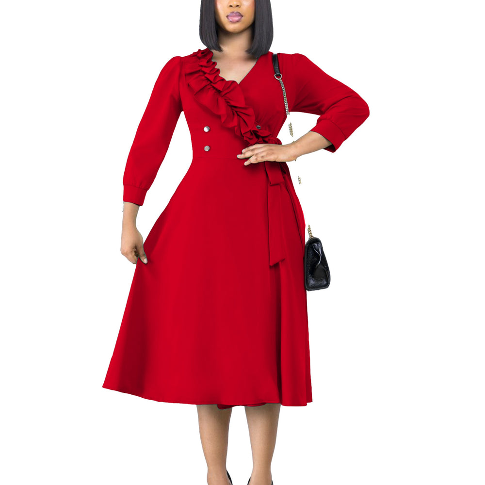 D483 european and american women's clothing  new fashion elegant solid color v-neck ruched high-waisted swing dress - export dress