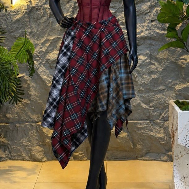 European and american cross-border women's fashion:  summer new sexy bandeau fishbone camisole top and plaid midi skirt set