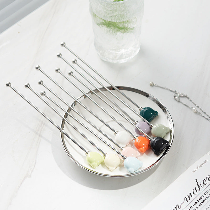Candy-colored ceramic bear head stirring stick - anti-scald, high-style coffee stirrer & 304 stainless steel wine stirrer