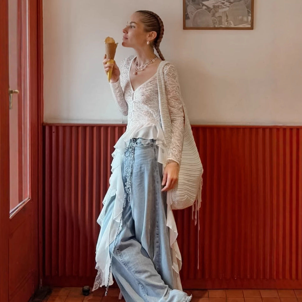 Cross-border French Bohemian Lace Cardigan Top Women's 2025 Summer Design V-Neck Long Sleeve Women's Shirt