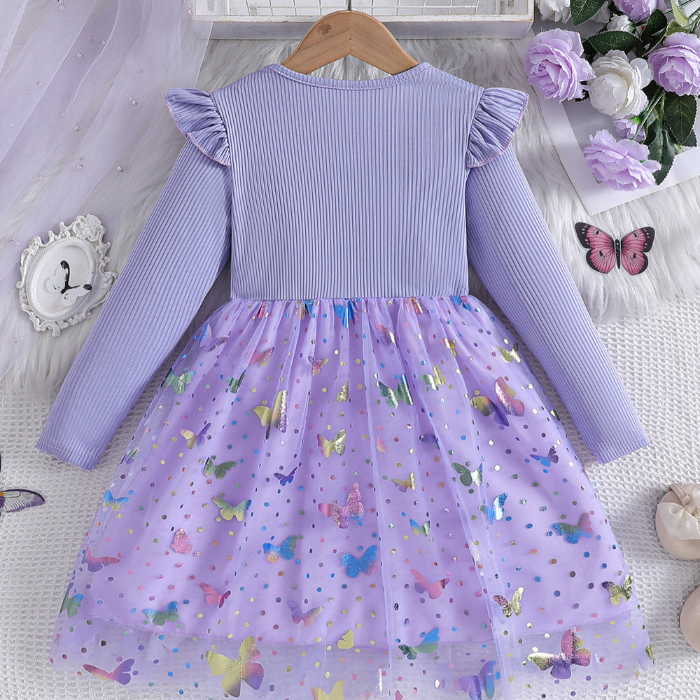 new mesh girl's spring/autumn butterfly print puffy princess dress - long sleeve girls' dress