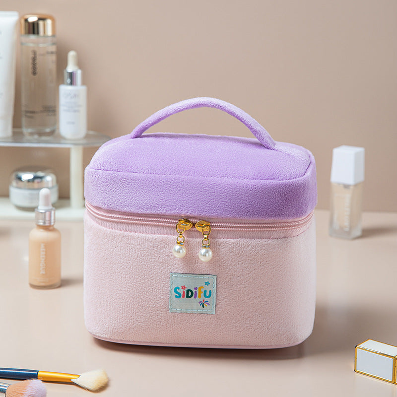 Stiff Contrast Color Cosmetic Bag Flannel Portable Storage Bag Travel Portable Wash Bag Large Capacity Partition Storage Bag