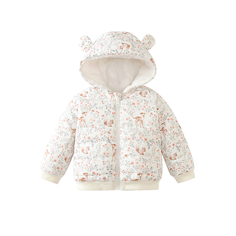 Kids' outerwear  new collection: baby winter padded coat, warm hooded children's jacket, floral christmas reindeer design
