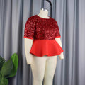 Am030526tautum round neck three-quarter sleeve sequintops ruffle hem waist easiest for match women's clothing spangle