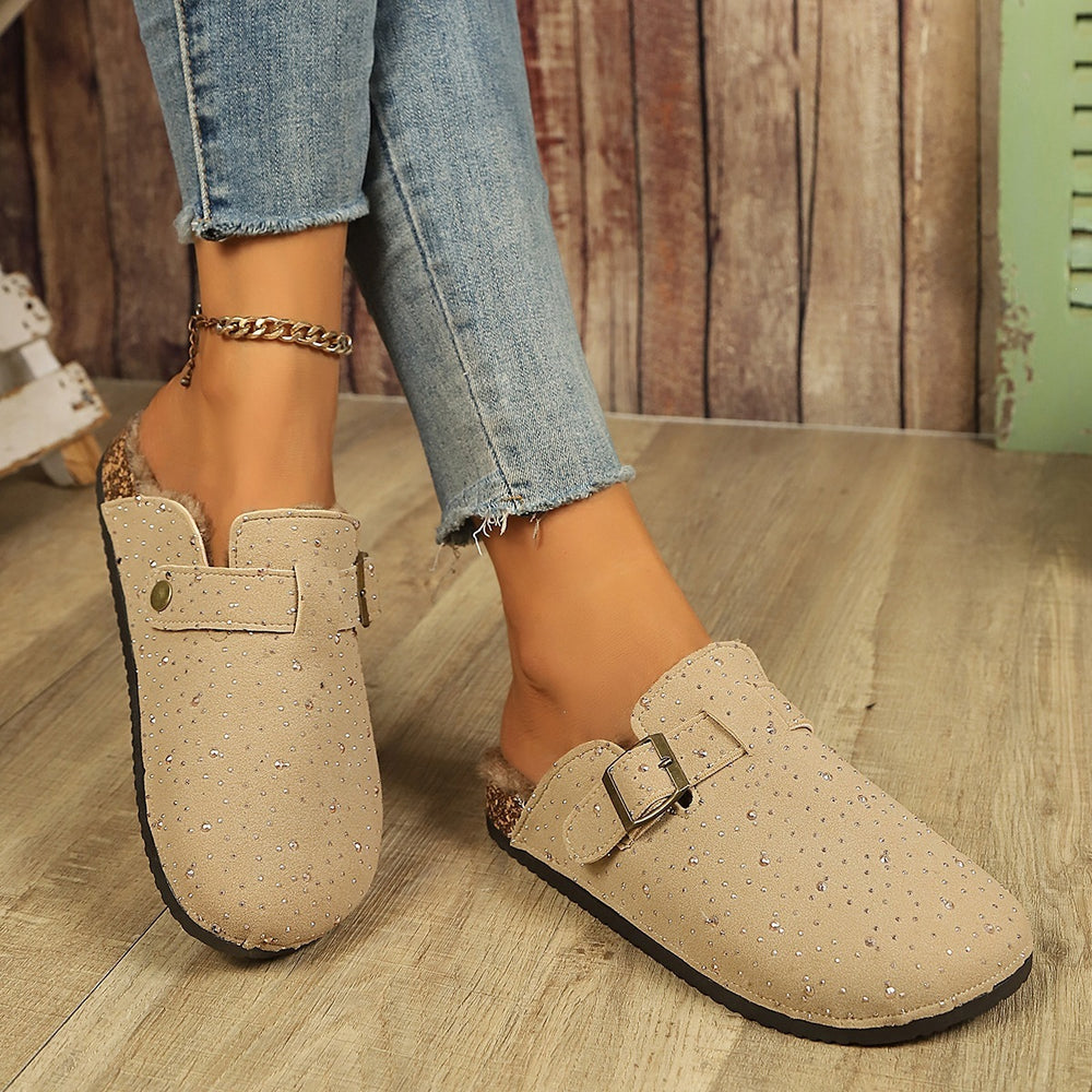 Fleece-linedthick sole baotou boken slippers autumnew arrivalheattech rhinestone cross-border plus sizeoutwear half slippers for women