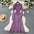 French chic metallic buckle waist dress - women's 2025 autumn slimming elegant hollow-out knit maxi dress