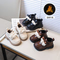 Vancahao girls' double-layer cotton black leather shoes,  winter new collection, kids' fashion lace-trimmed princess shoes