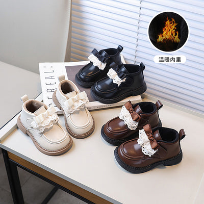 Vancahao girls' double-layer cotton black leather shoes,  winter new collection, kids' fashion lace-trimmed princess shoes