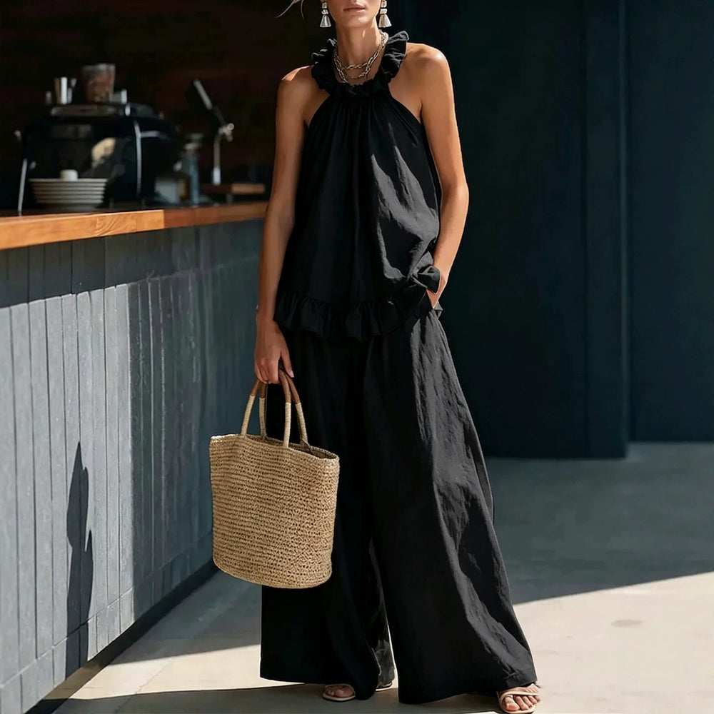 european and american  spring/summer new arrival: halter top cotton linen retro high-waisted loose casual set for women