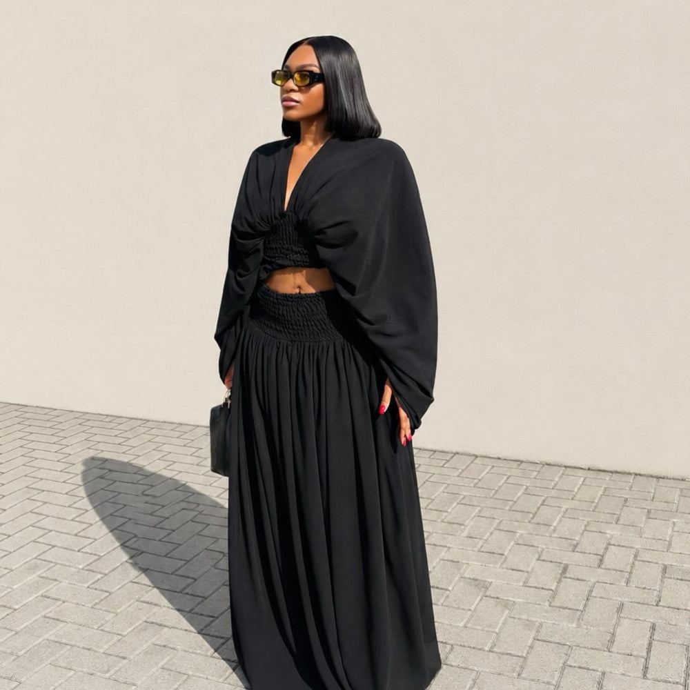 European and american cross-border women's fashion:  summer new collection - stylish v-neck pleated top and high-waisted midi skirt set