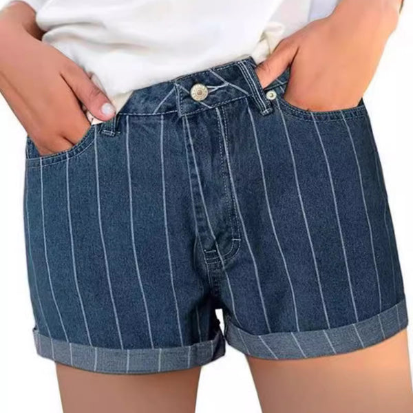 Europe, America and   supply striped curled denim shorts women