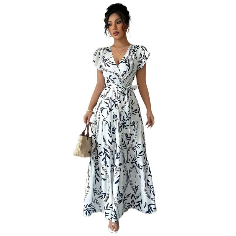 listing: new  women's elegant printed v-neck belted dress