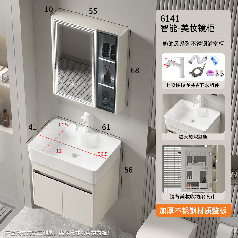 Small apartment bathroom cabinet Thickened stainless steel washstand Integrated cabinet Storage mirror Washstand Deepened ceramic integrated basin