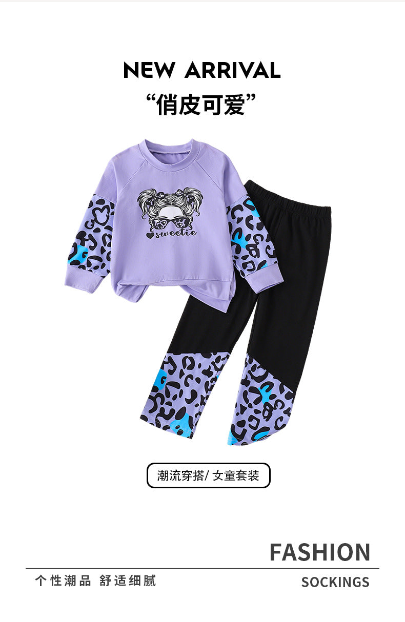 girls' purple long-sleeve top and leopard print color block cartoon print pants two-piece set for autumn