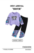girls' purple long-sleeve top and leopard print color block cartoon print pants two-piece set for autumn