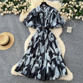 Accessible luxuryfashion styleclassy senseprinting puff sleevedressfemale summer strap waist royal sisterelegant large swing skirt