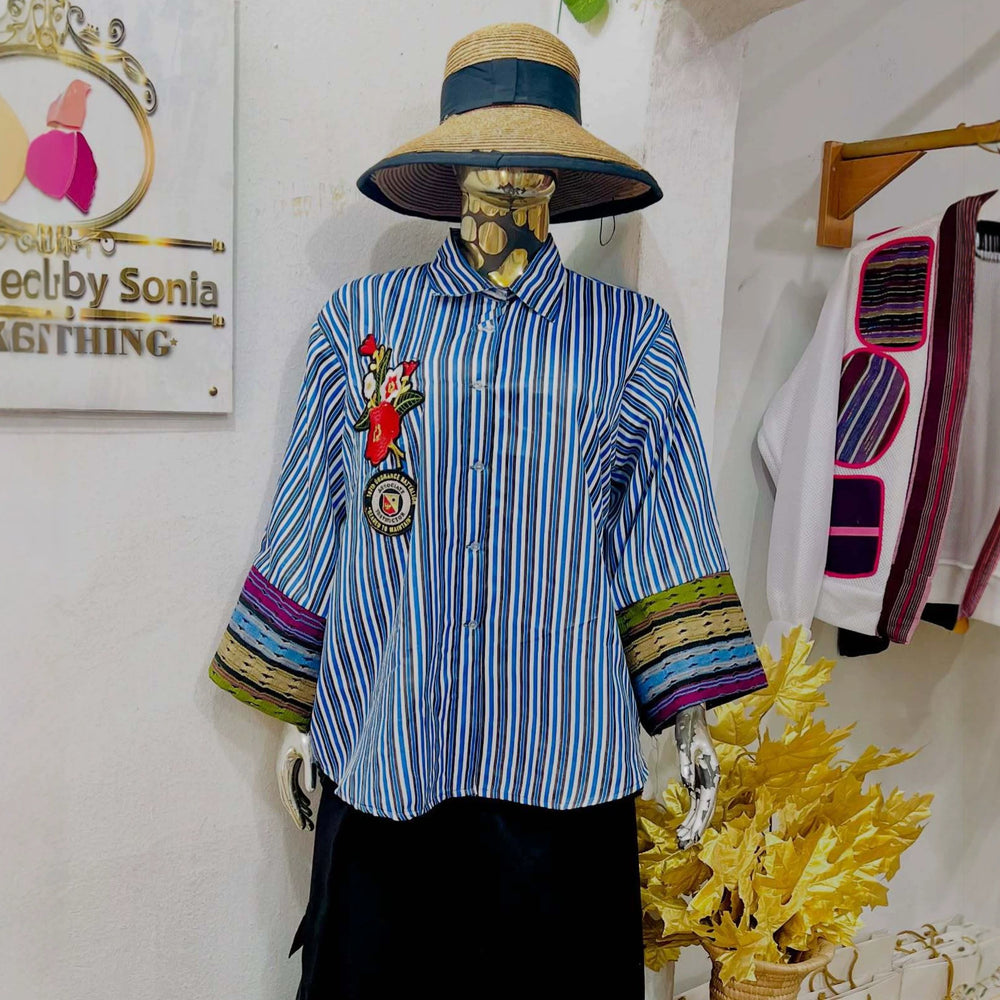 European and american cross-border women's fashion:  summer new arrival - stylish and elegant turn-down collar, loose fit, plus size, striped patchwork shirt top