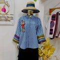 European and american cross-border women's fashion:  summer new arrival - stylish and elegant turn-down collar, loose fit, plus size, striped patchwork shirt top