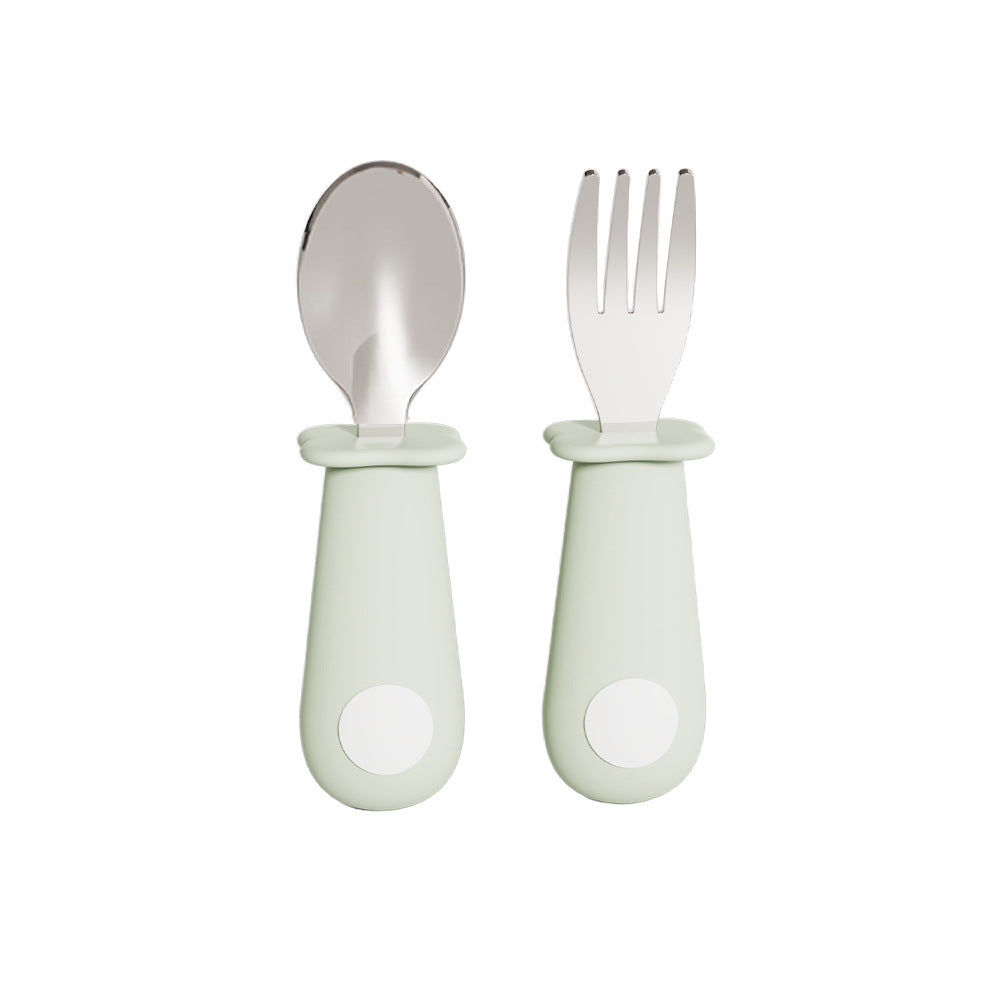 Newborn baby silicone handle spoon & 316 stainless steel short handle fork set - baby feeding utensil set