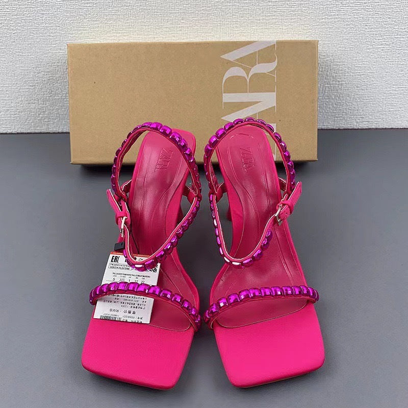 Za new 2024 summer square toe ankle strap rhinestone wine glass heel women's french casual open back sandals