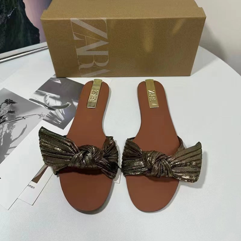 Za summer new women's shoes gold metallic bow flat sandals retro style flat sandals outdoor slides