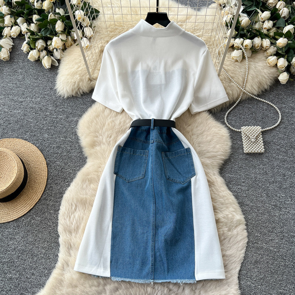Korean style faux two-piece denim patchwork slit dress - women's summer short sleeve v-neck slimming a-line dress