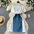 Korean style faux two-piece denim patchwork slit dress - women's summer short sleeve v-neck slimming a-line dress