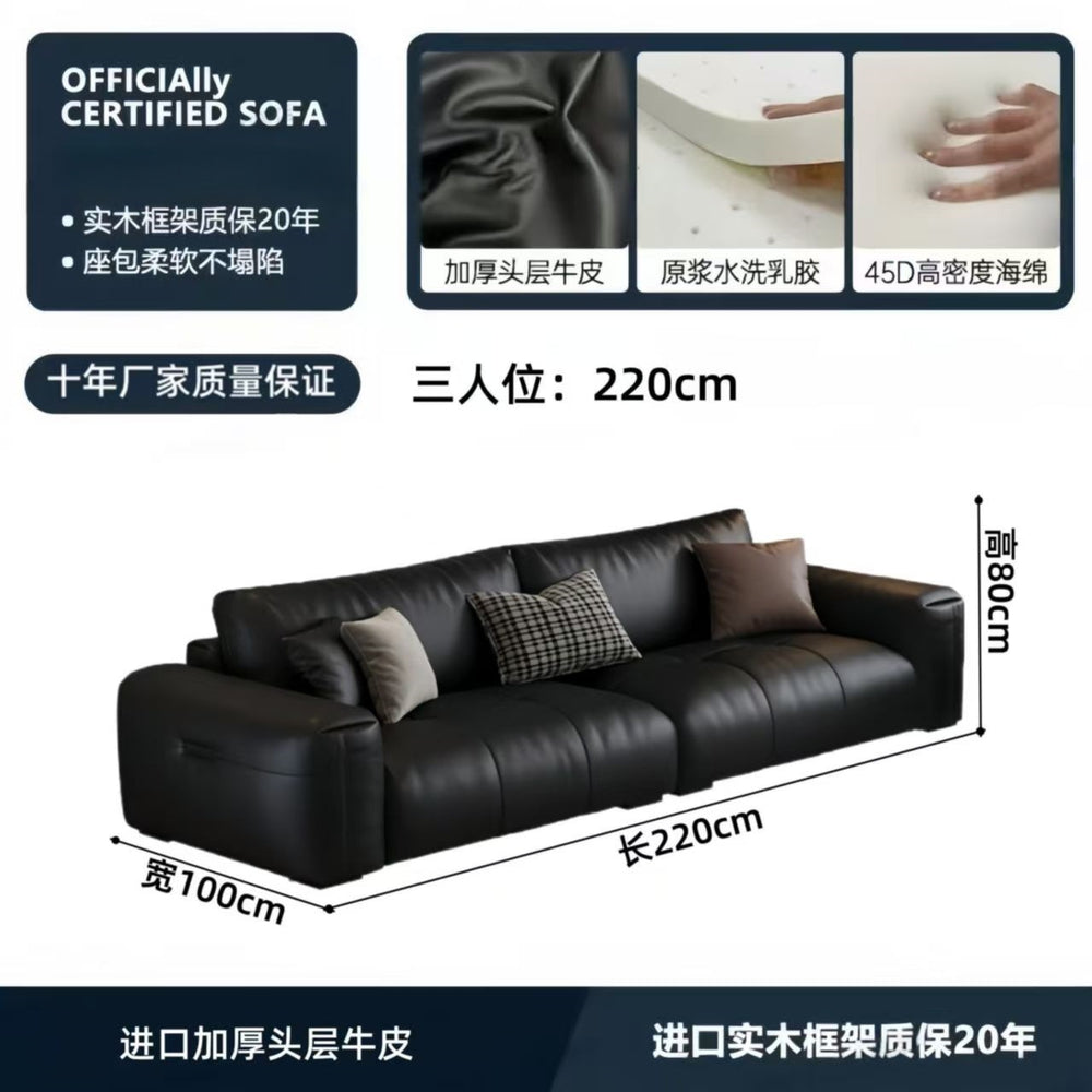Italian minimalist genuine leather sofa, perfect for small apartments. black, top-grain cowhide, straight-row, high-end leather sofa for home living rooms