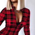 european and american export women's printed plaid bodycon sexy long sleeve tummy control slimming deep v-neck jumpsuit