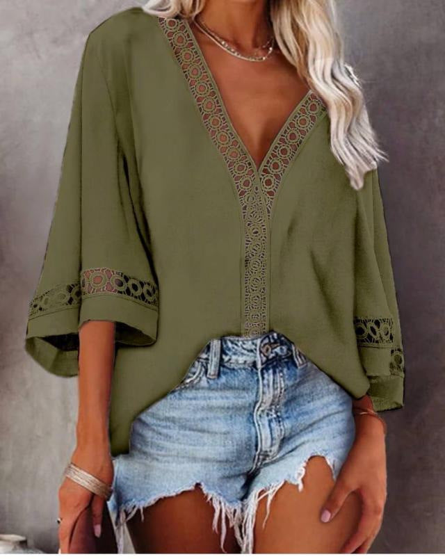 Ready-to-ship european and american style women's tops - new  blouses: v-neck hollow-out lace trim shirts