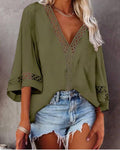 Ready-to-ship european and american style women's tops - new  blouses: v-neck hollow-out lace trim shirts