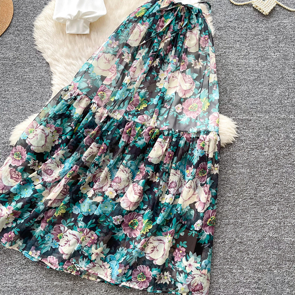 Vacation style whitecut outtopsprinting skirttwo-piece setfemale springautum royal sister outfitelegantsuit skirt