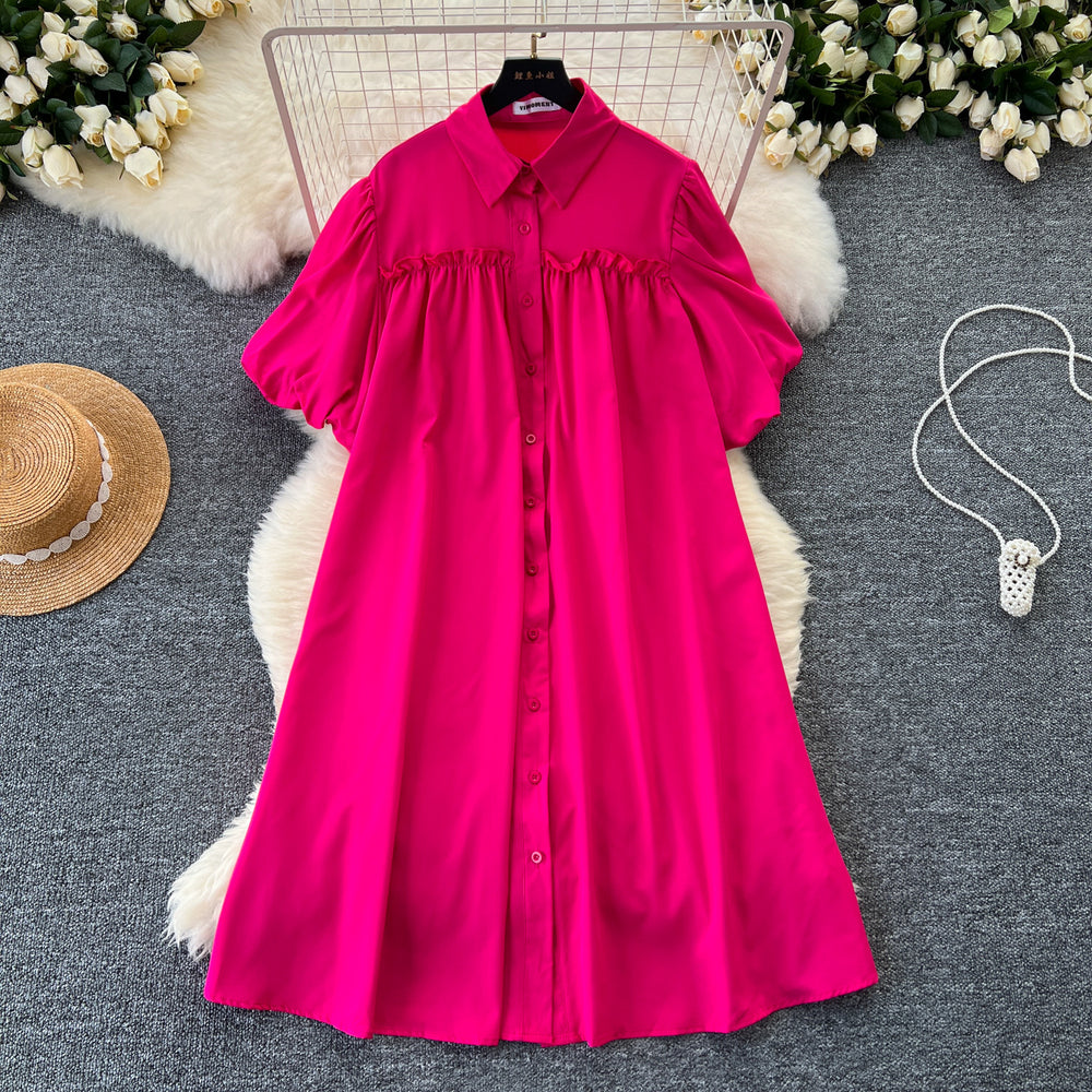 Lazy style dress women's korean style fashionsense of design lantern sleeves pleated single-breasted slimming lookloose shirt skirt