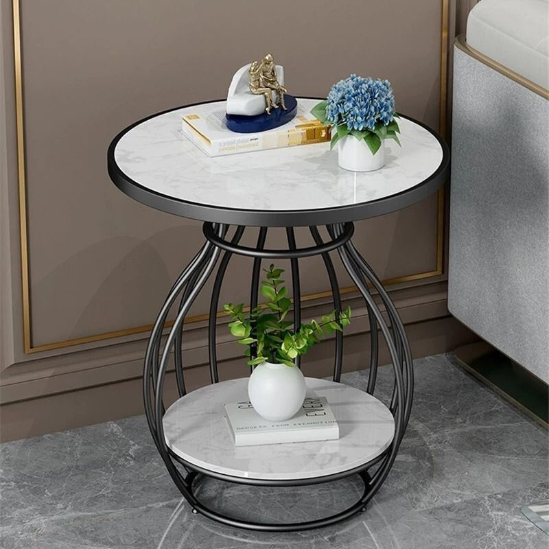 Rock slab small coffee table for home small apartment side table living room balcony round tea table double-layer storage beauty salon small table