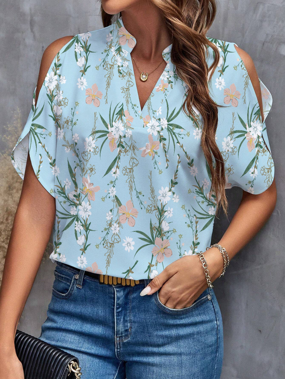 Amazon fashion cross-border women's clothing 2024 summer new print v-neck elegant fashion off-shoulder sleeve women's top