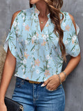 Amazon fashion cross-border women's clothing 2024 summer new print v-neck elegant fashion off-shoulder sleeve women's top