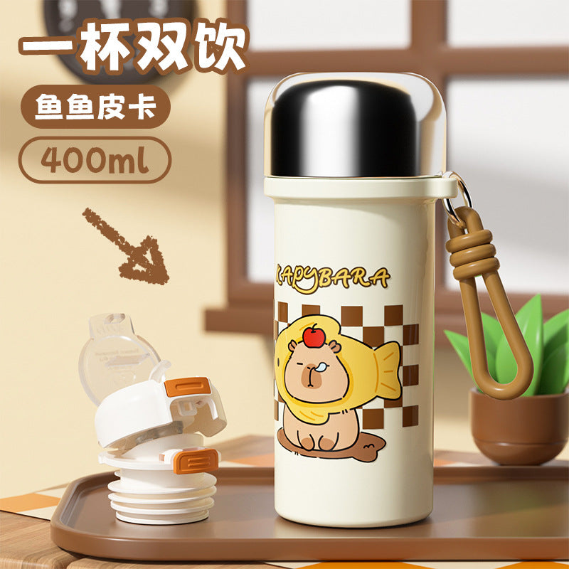 316 stainless steel high-style insulated tumbler - cute capybara design - kids' water bottle - portable handheld double-drink straw cup