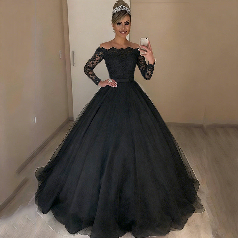 new foreign trade  fashion one-shoulder v-neck slim-fit trendy puffy train wedding dress with lace trim