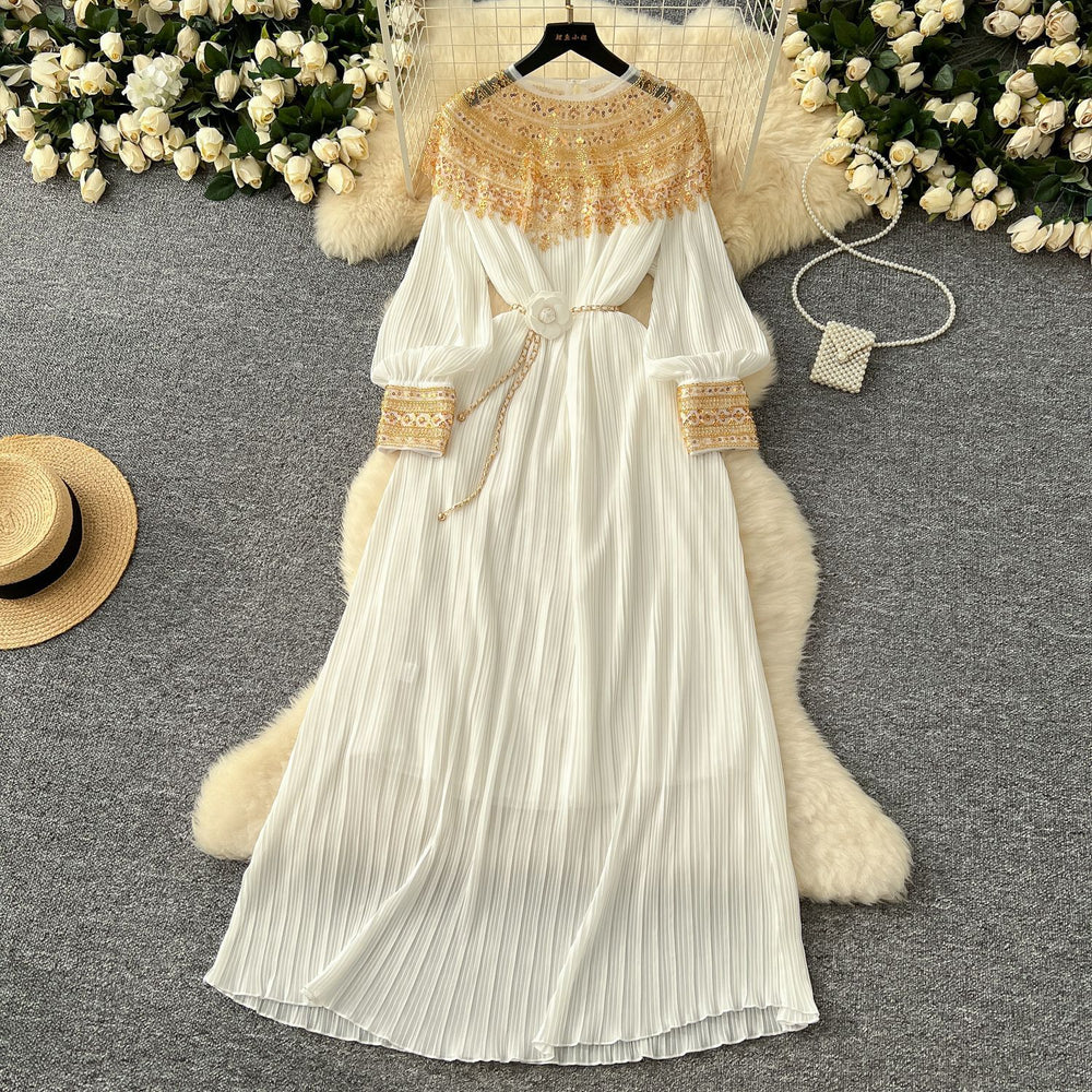 High-end women's elegant dress 2024 winter heavy beading sequin loose waist long pleated formal gown