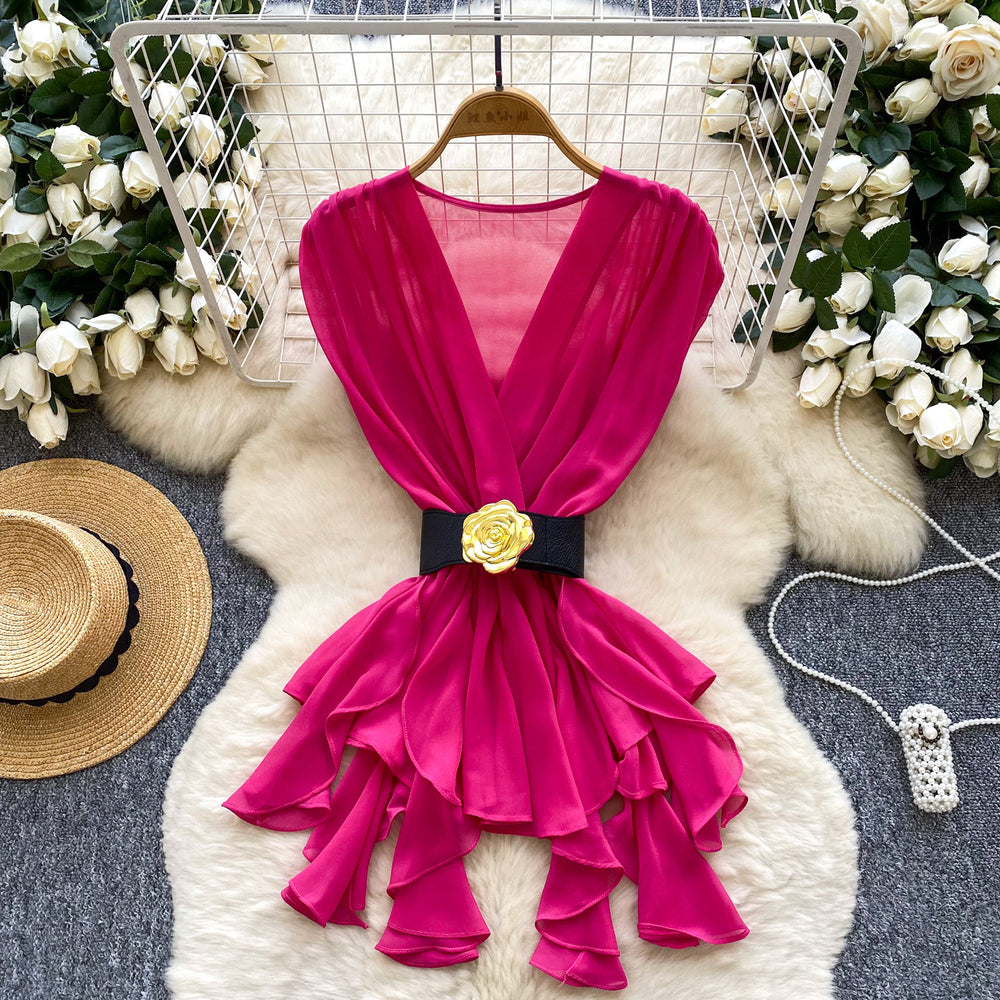 European and american style sleeveless blouse for women - summer mesh crossover neck with belt, asymmetrical design, mature and chic top