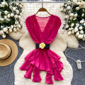 European and american style sleeveless blouse for women - summer mesh crossover neck with belt, asymmetrical design, mature and chic top