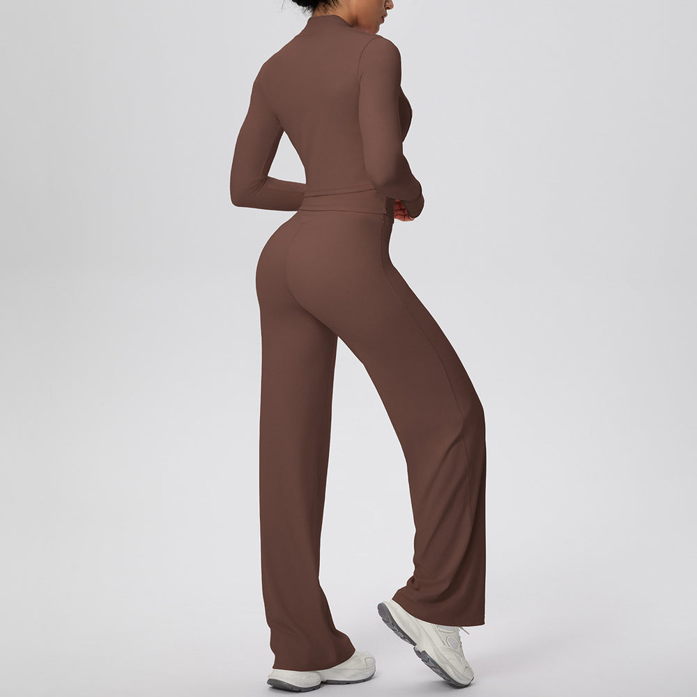 pure color brushed tight one-shoulder vest wide-leg long three-piece set sports running fitness yoga suit