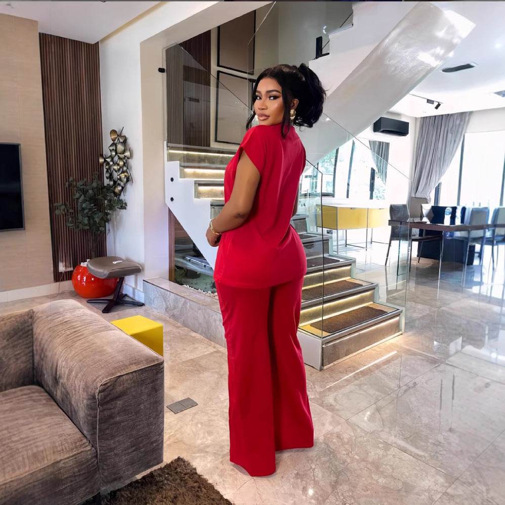 European and american cross-border women's fashion:  autumn/winter new collection - solid color v-neck single-breasted top and slit wide-leg pants two-piece set
