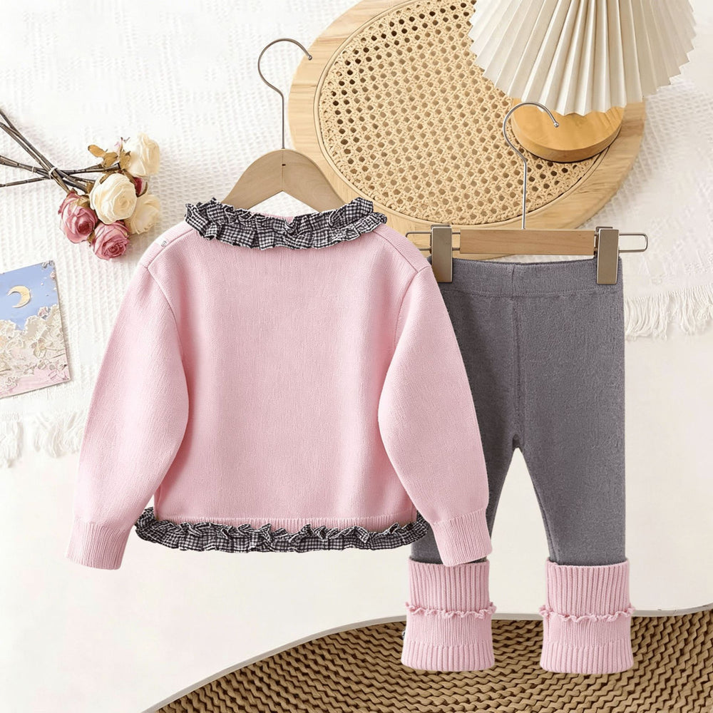Girls' knitted cardigan and leggings set - new  spring/autumn collection - plaid bowknot cardigan sweater with scrunch socks