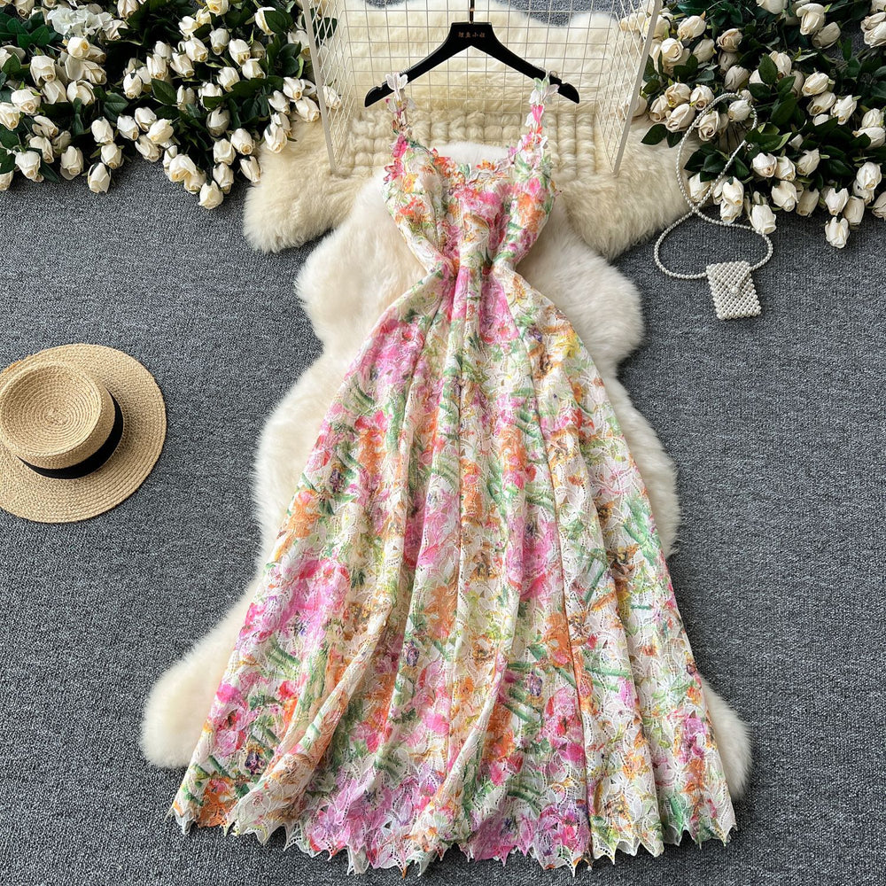 French court style floral print camisole dress - women's summer mesh hollow-out waist design, unique and chic maxi dress